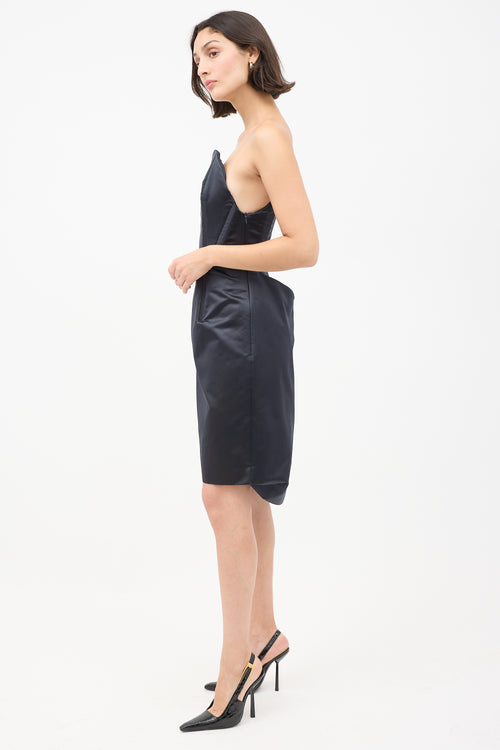 Celine Black Silk Structured Strapless Midi Dress