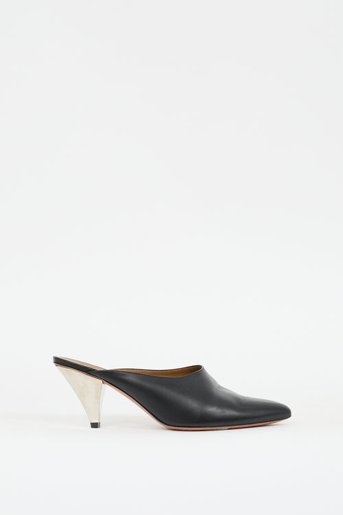 Celine Black & Silver Leather Pointed Toe Mule