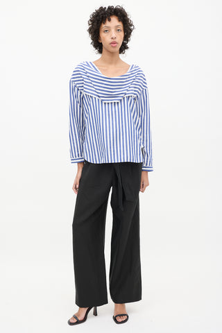 Celine Blue & White Cotton Striped Cowl Neck Blouse