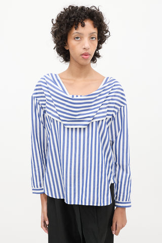 Celine Blue & White Cotton Striped Cowl Neck Blouse