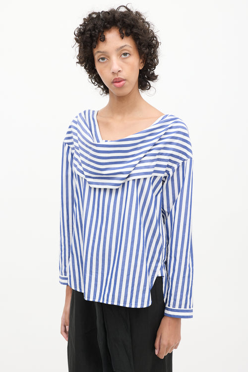 Celine Blue & White Cotton Striped Cowl Neck Blouse