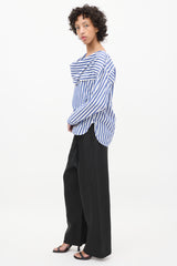 Celine Blue & White Cotton Striped Cowl Neck Blouse