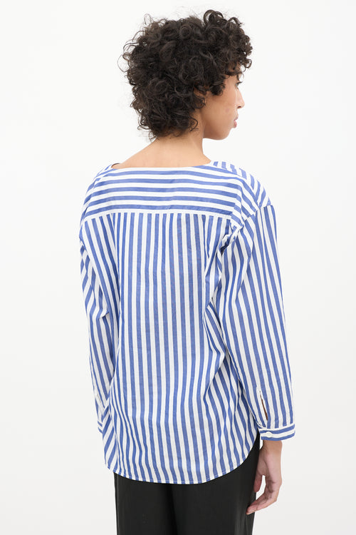 Celine Blue & White Cotton Striped Cowl Neck Blouse