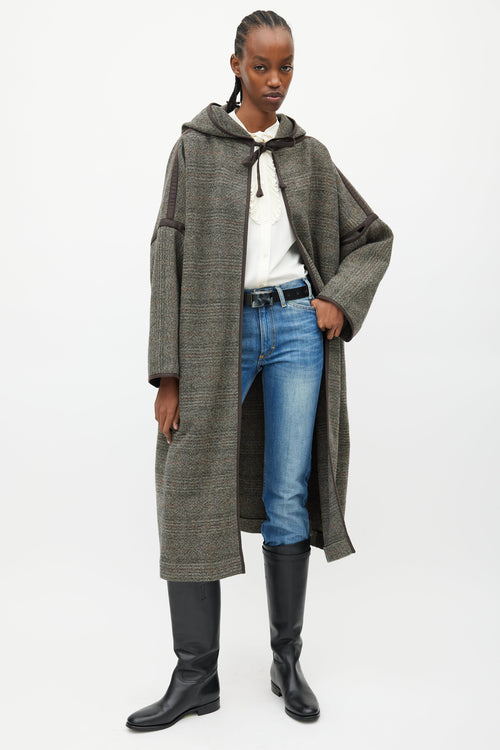 Celine Brown & Grey Wool Hooded Open Coat