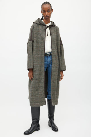 Celine Brown & Grey Wool Hooded Open Coat