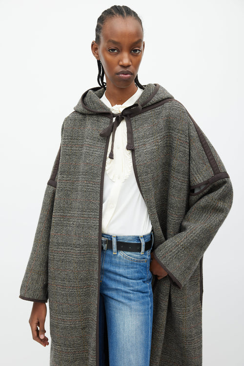 Celine Brown & Grey Wool Hooded Open Coat
