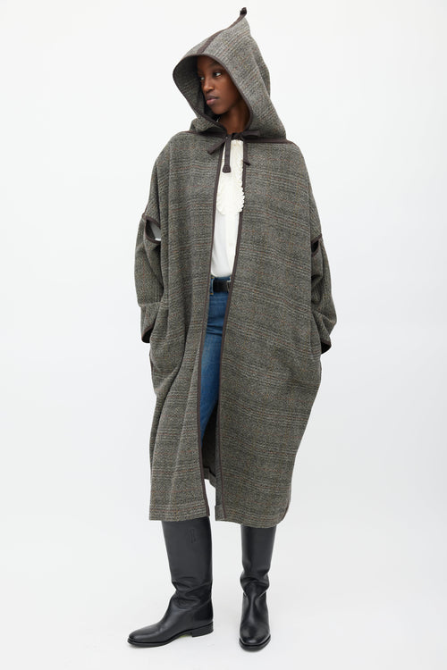 Celine Brown & Grey Wool Hooded Open Coat