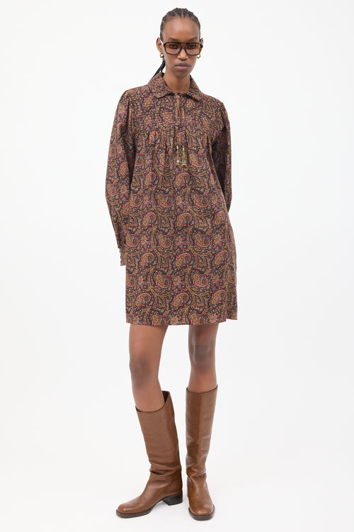 Celine Brown & Multicolour Paisley Mini Folk Dress