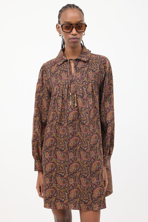 Celine Brown & Multicolour Paisley Mini Folk Dress