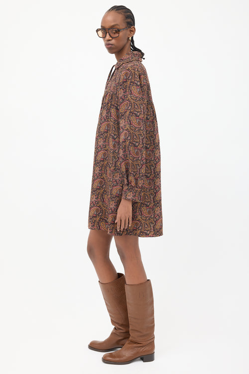 Celine Brown & Multicolour Paisley Mini Folk Dress