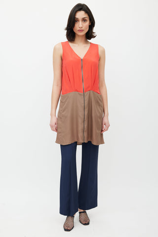 Celine Brown & Red Silk Panelled Dress