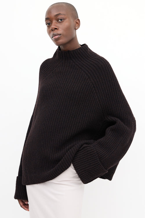 Celine Brown Wool Knit Mock Neck Sweater