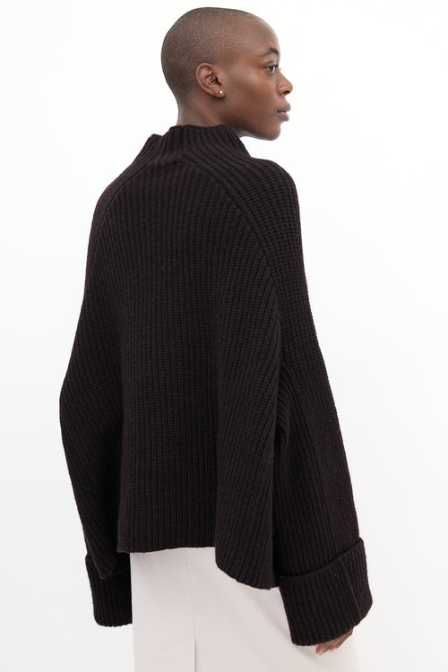 Celine Brown Wool Knit Mock Neck Sweater