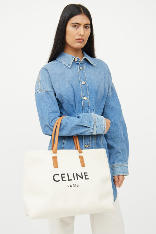 Celine Cream & Brown Cabas Canvas Horizontal Tote Bag