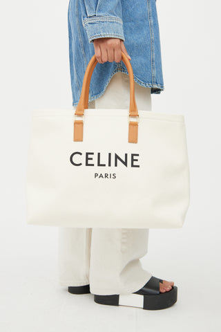 Celine Cream & Brown Cabas Canvas Horizontal Tote Bag