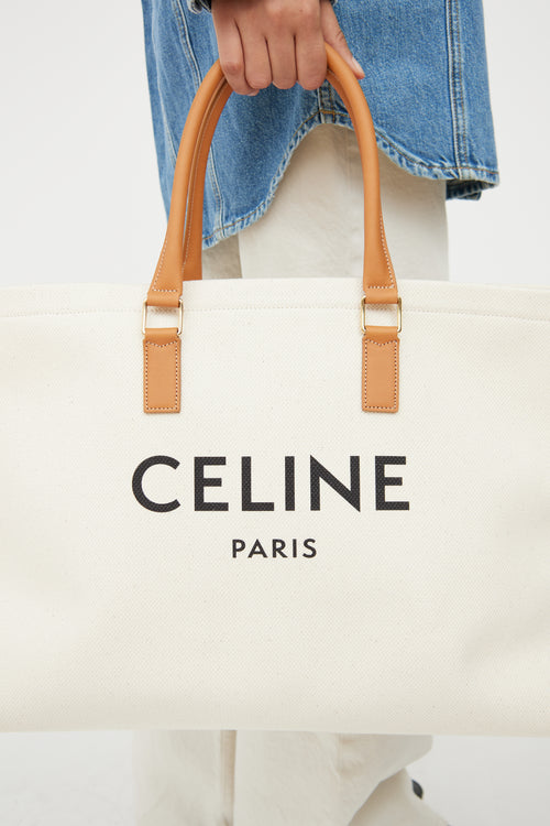 Celine Cream & Brown Cabas Canvas Horizontal Tote Bag