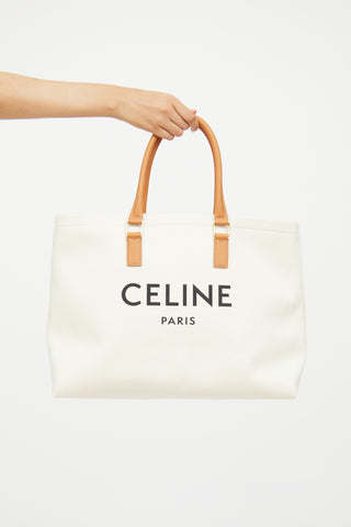 Celine Cream & Brown Cabas Canvas Horizontal Tote Bag