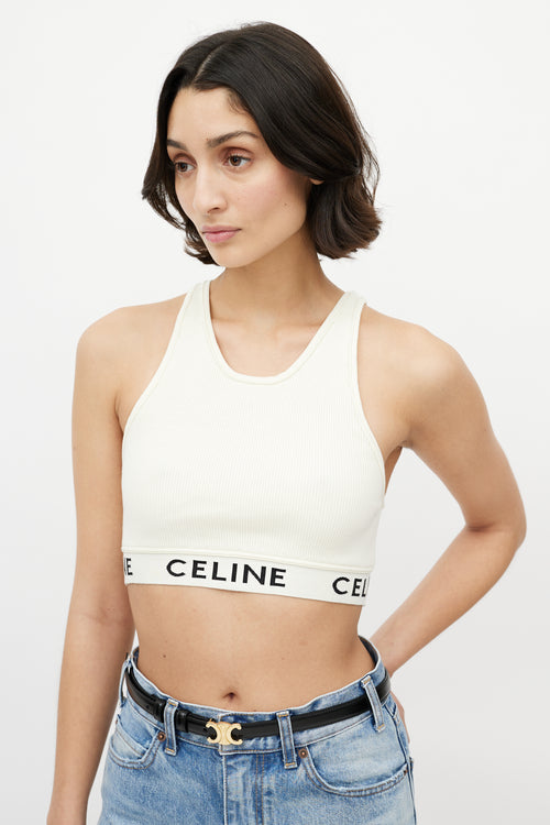 Celine Cream & Black Ribbed Logo Tank
