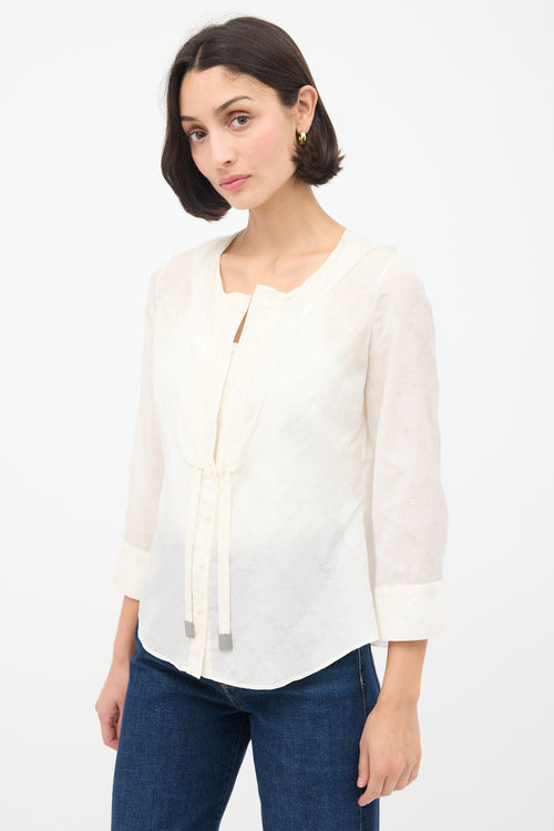 Celine Cream Cotton & Silk Jacquard V-Neck Tunic Top