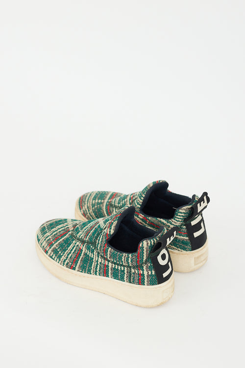 Celine Green & Multicolour Tweed Slip On Sneaker