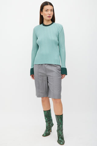 Celine Green Two Tone Ribbed Knit Sweater