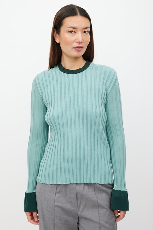 Celine Green Two Tone Ribbed Knit Sweater