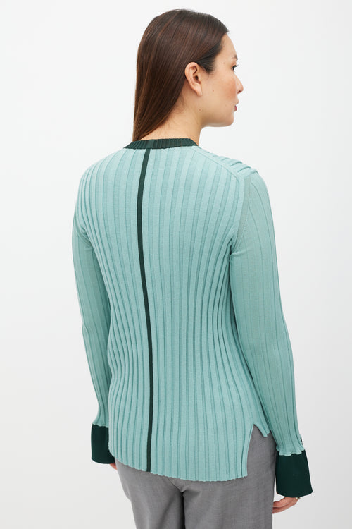 Celine Green Two Tone Ribbed Knit Sweater