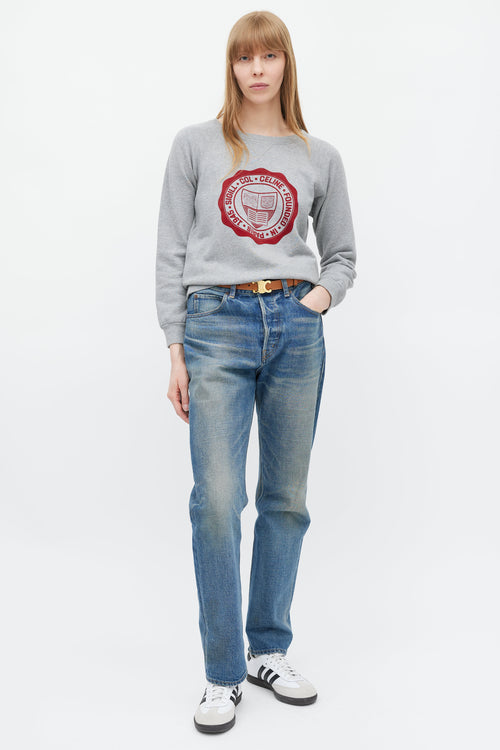 Celine Grey & Red Crest Logo Sweatshirt