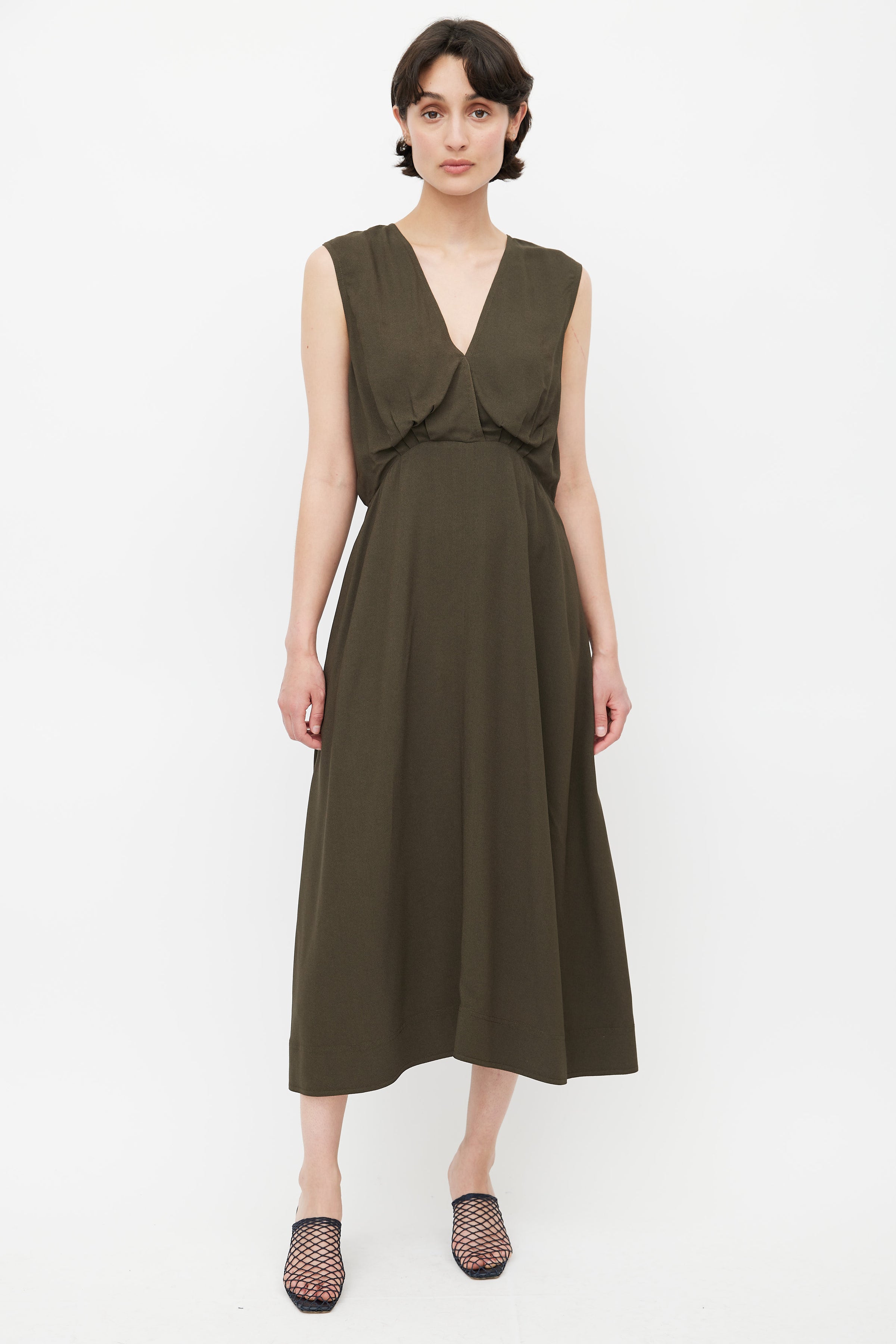 celine green dress Celine Olive Green Mesh Ruffled Midi Dress Relvoux Womenswear