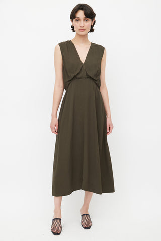Celine Khaki Green V-Neck Midi Dress