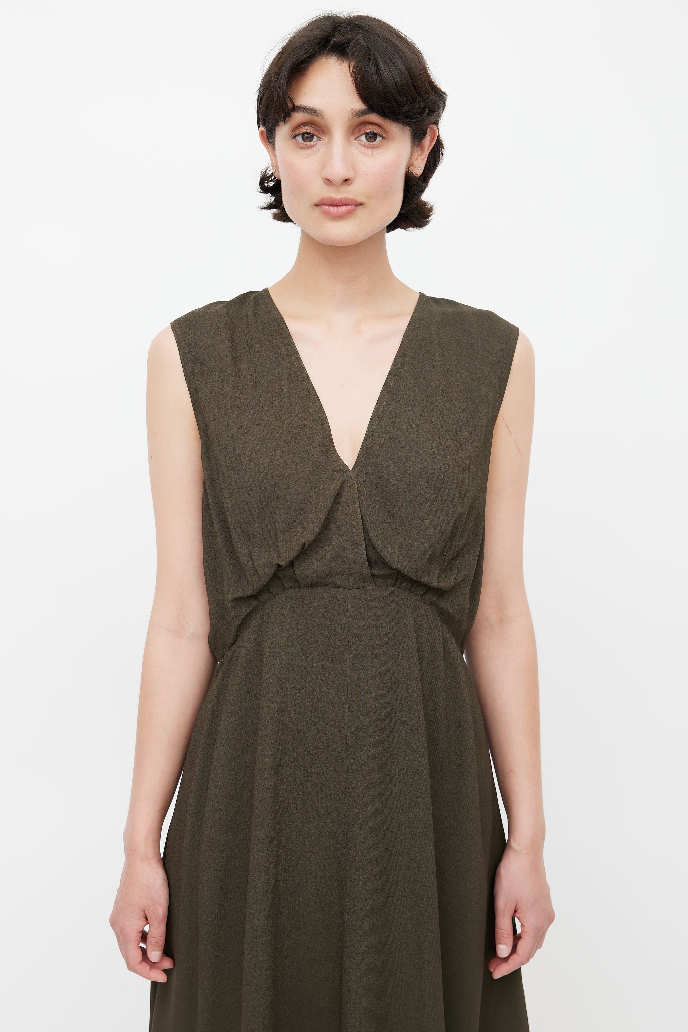 Celine // Khaki Green V-Neck Midi Dress VSP Consignment Celine // Khaki Green V-Neck Midi Dress VSP Consignment