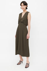 Celine Khaki Green V-Neck Midi Dress