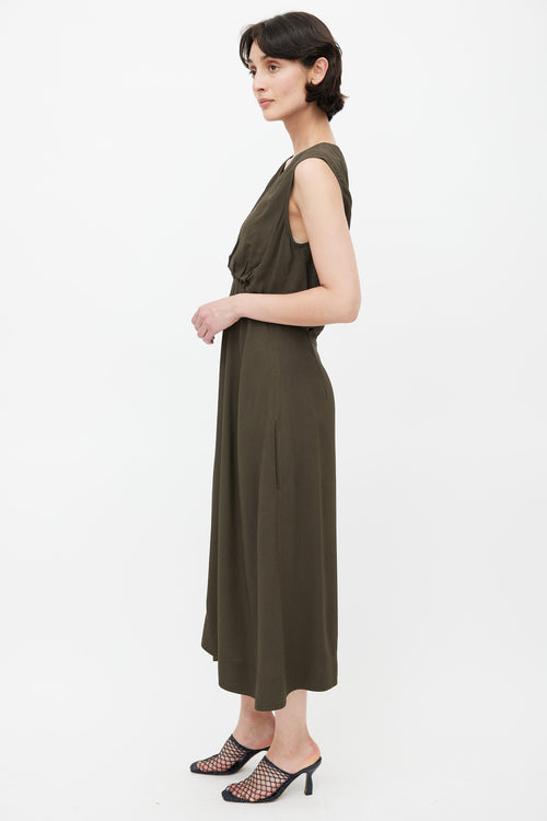 Celine Khaki Green V-Neck Midi Dress