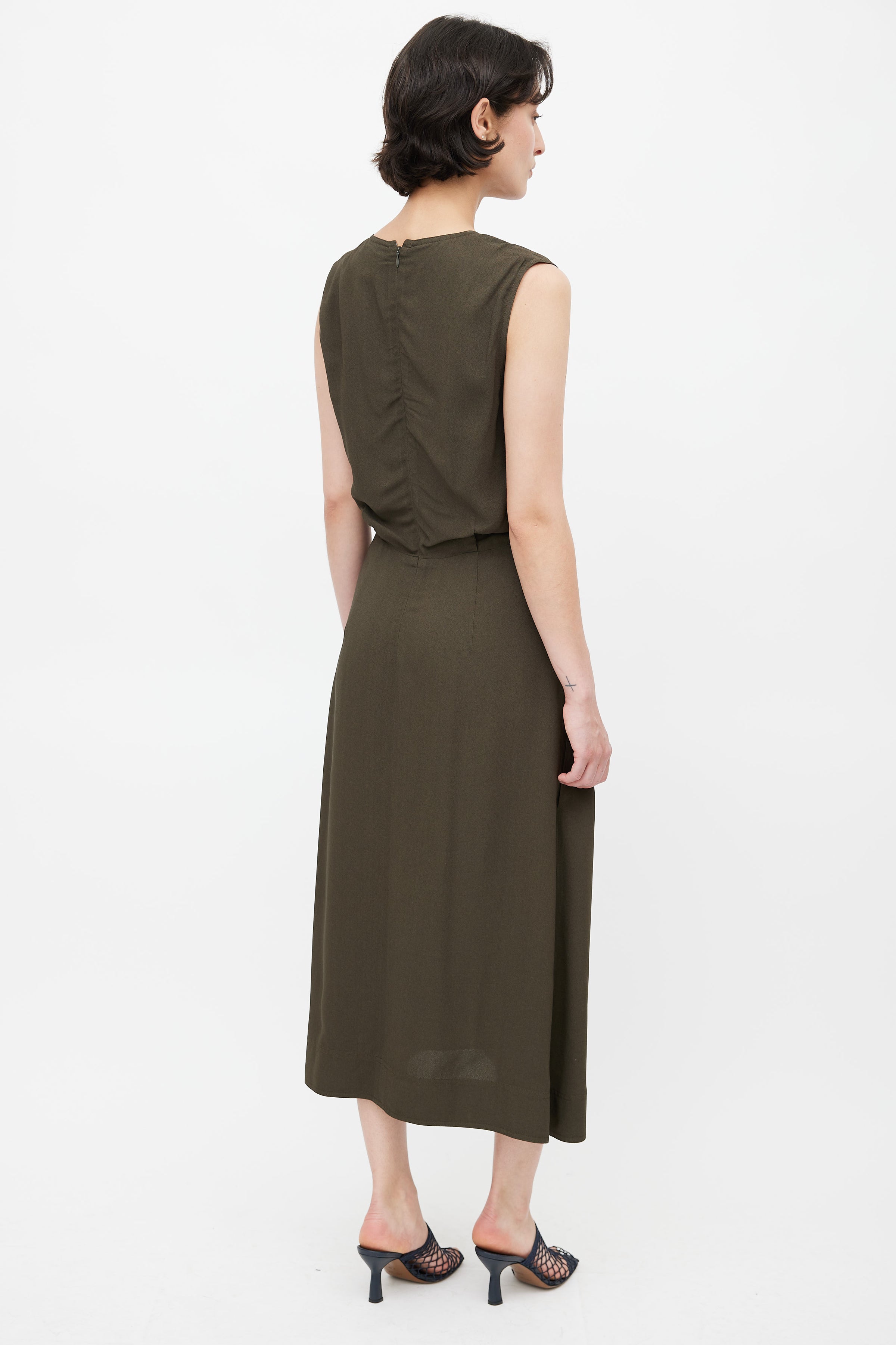 Celine // Khaki Green V-Neck Midi Dress VSP Consignment Celine // Khaki Green V-Neck Midi Dress VSP Consignment