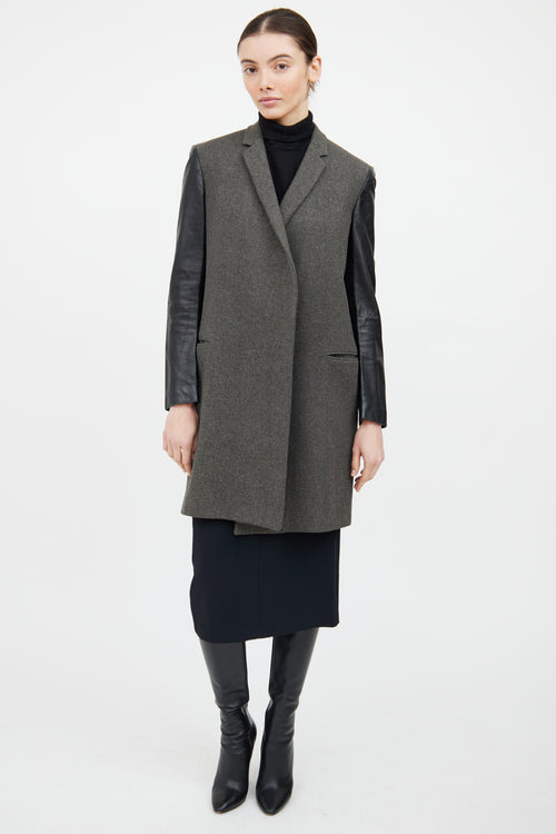 Celine Grey & Black Wool Leather Trim Coat