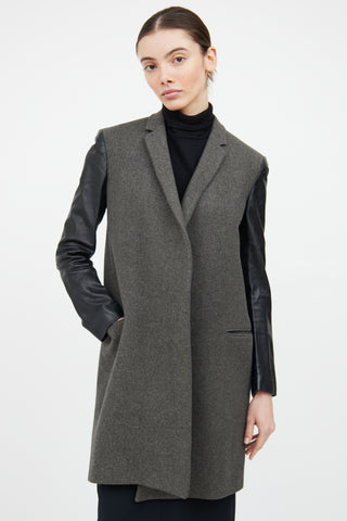 Celine Grey & Black Wool Leather Trim Coat