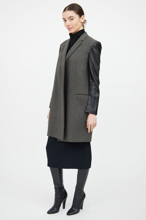 Celine Grey & Black Wool Leather Trim Coat