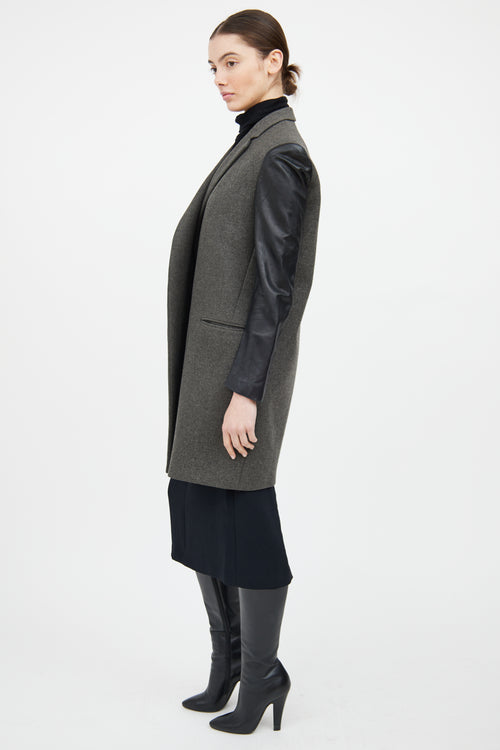 Celine Grey & Black Wool Leather Trim Coat