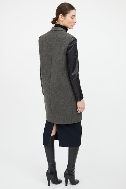 Celine Grey & Black Wool Leather Trim Coat