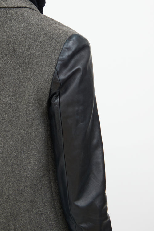 Celine Grey & Black Wool Leather Trim Coat