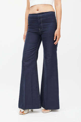 Celine Navy Cotton & Silk Flared Trouser