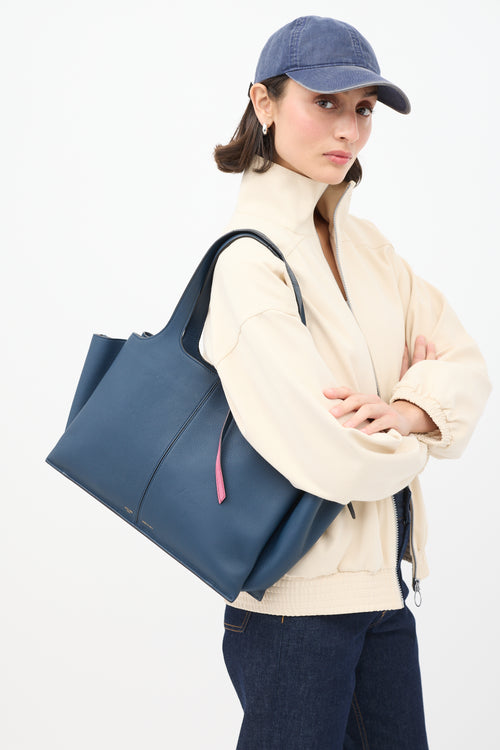 Celine Navy Leather Tri-Fold Shoulder Bag