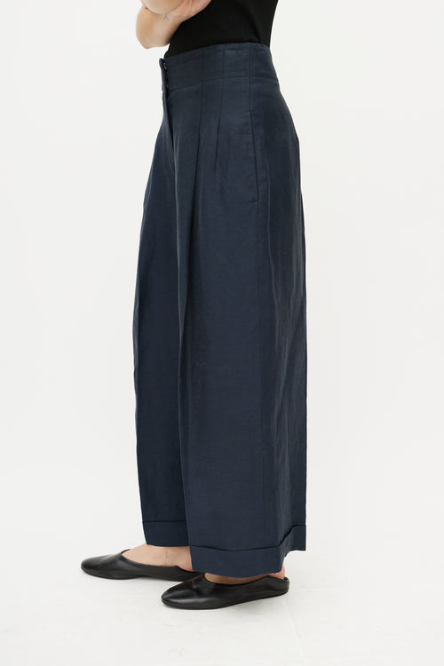 Celine Navy Linen Wide Leg High Waisted Trousers