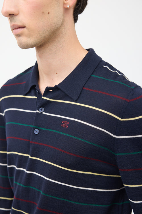 Celine Navy & Multi Stripes Triomphe Polo Shirt