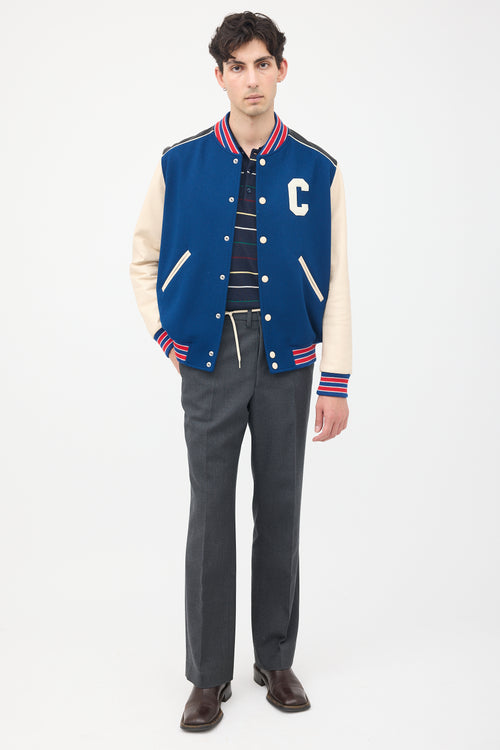 Celine Navy & Multi Wool & Leather Teddy Varsity Jacket