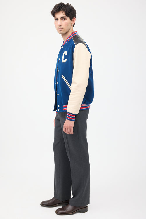 Celine Navy & Multi Wool & Leather Teddy Varsity Jacket