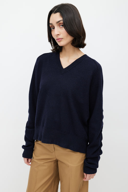 Celine Navy Wool V-Neck Ruched Sweater