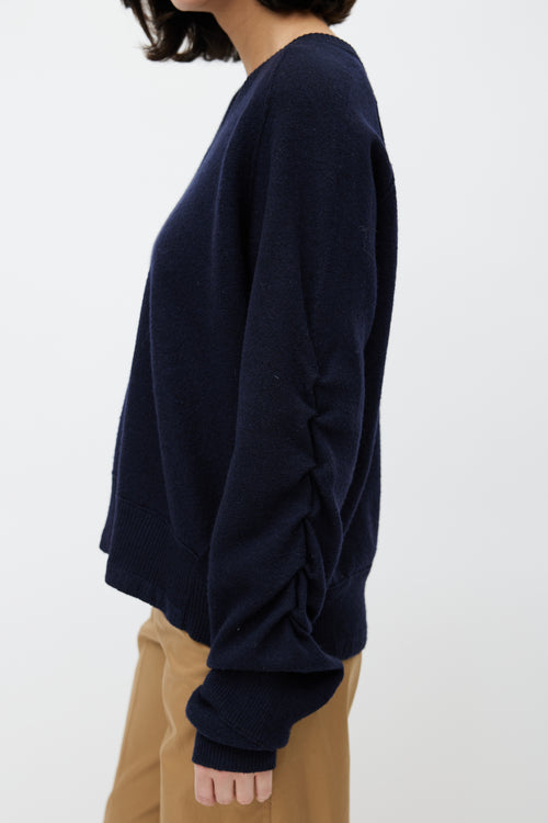 Celine Navy Wool V-Neck Ruched Sweater