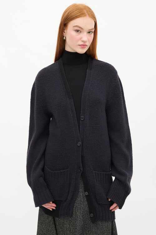 Celine Navy Wool Knit Two Pocket Long Cardigan