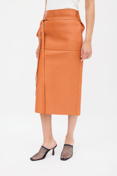 Celine Orange Leather Tie Waist Midi Skirt